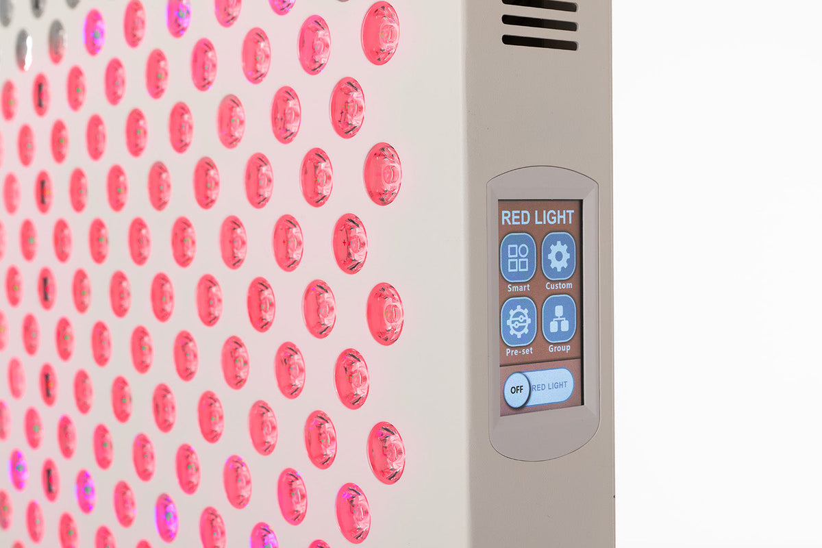 Close-up of the LED array on a Dermfix RLF red light therapy panel.